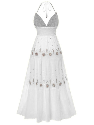 1930er Besticktes Blumen Tief V-Ausschnitt Texturiert Kleid