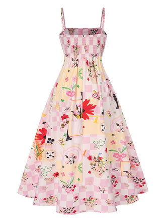 Mehrfarbig 1940er Schachbrettmuster Blumen Spaghetti Träger Kleid