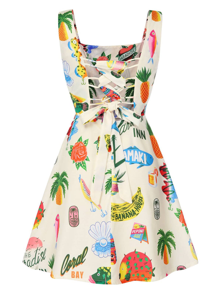 Mehrfarbig 1960er Tropische Früchte Breite Träger Kleid