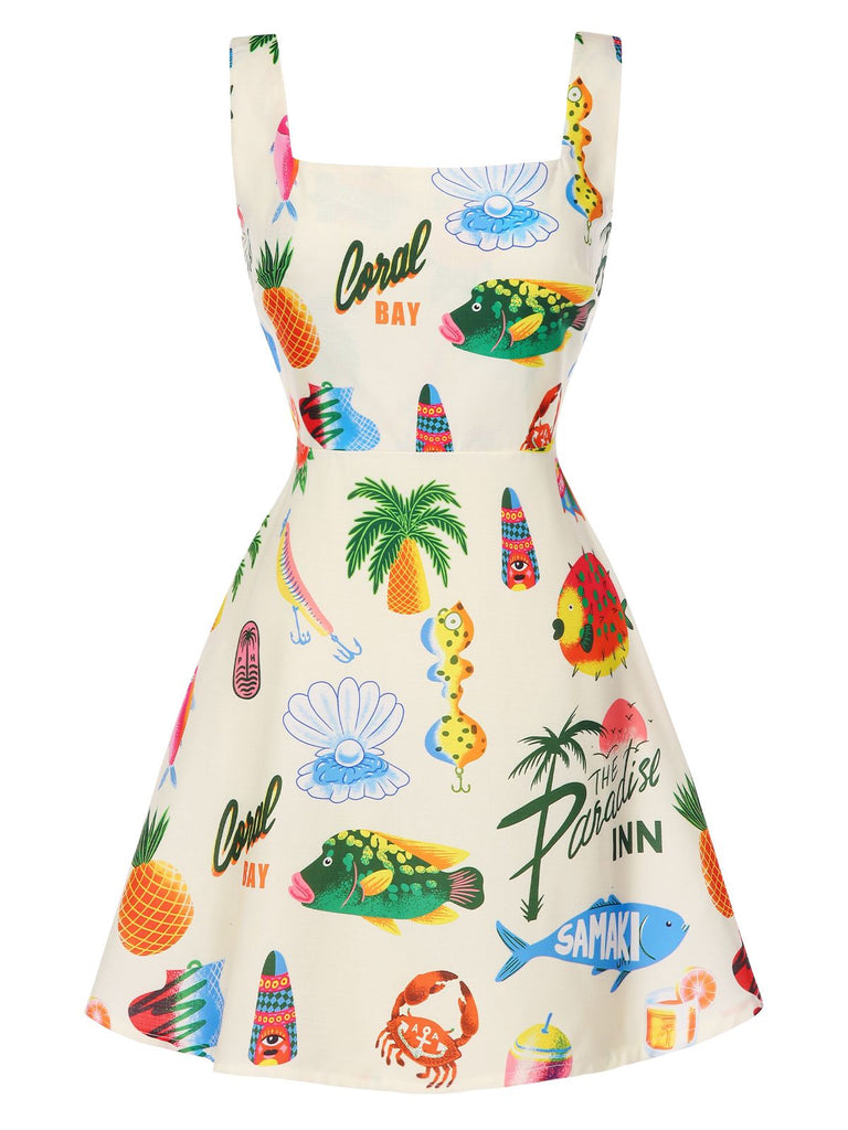 Mehrfarbig 1960er Tropische Früchte Breite Träger Kleid