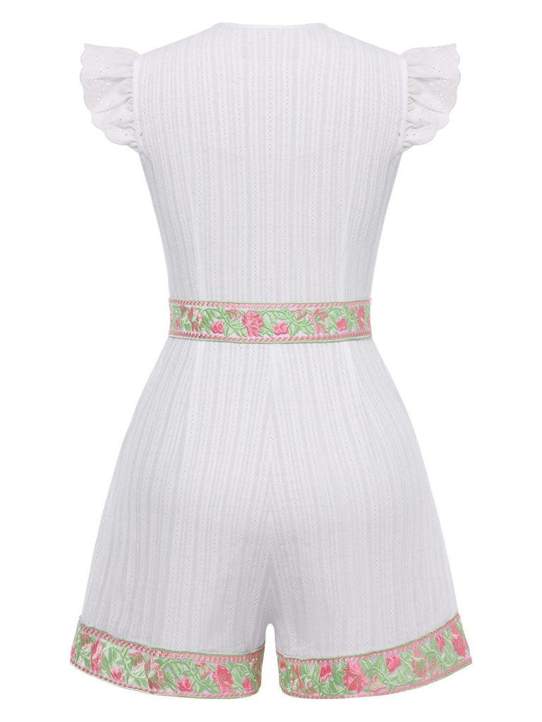[Vorverkauf] Weiß 1970er V-Ausschnitt Baumwolle Boho Gestickt Romper