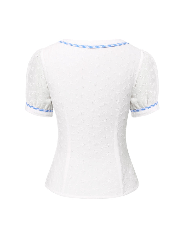 [Vorverkauf] Weiß 1950er Puff Plaid Patchwork Baumwolle Top