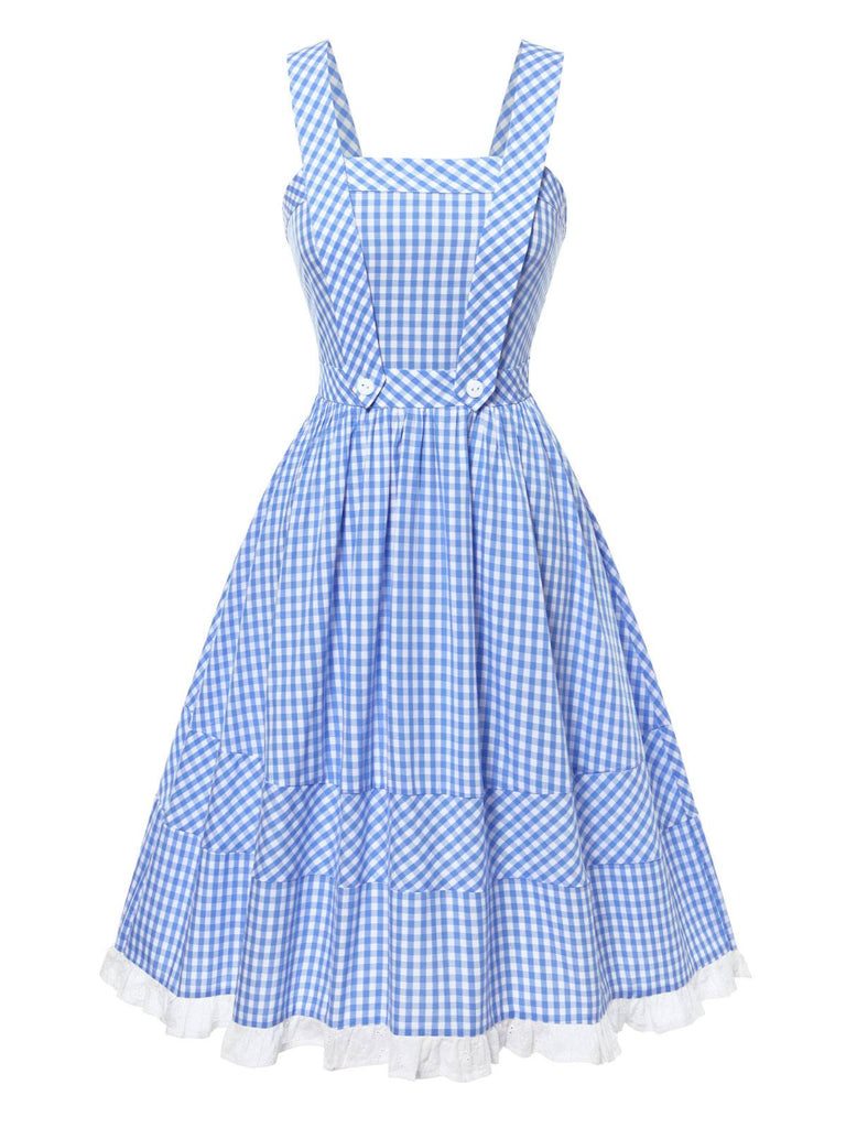 [Vorverkauf] 2PCS 1950er Baumwolle Gingham Plaid Top & Suspender Kleid