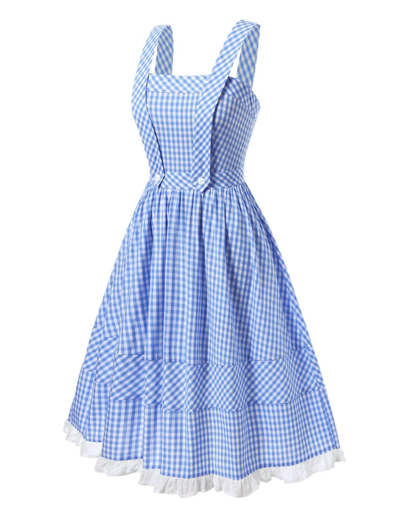 [Vorverkauf] 2PCS 1950er Baumwolle Gingham Plaid Top & Suspender Kleid