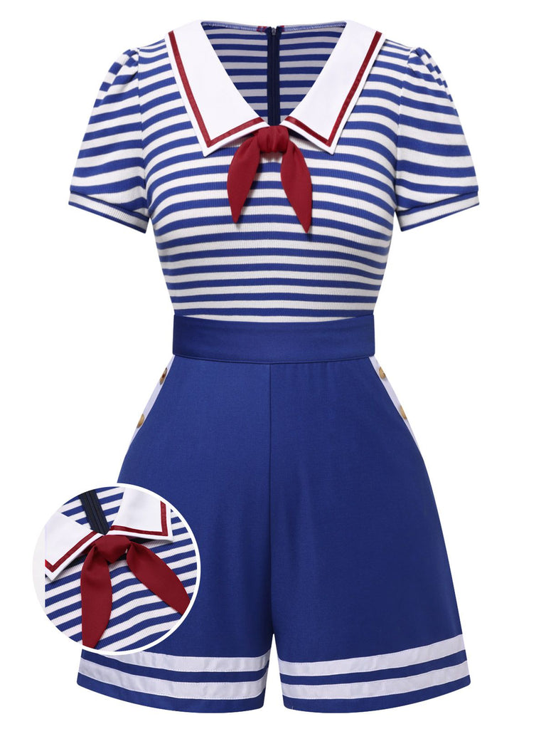 Blau 1950er Baumwolle Krawatte Nautisch Streifen Romper