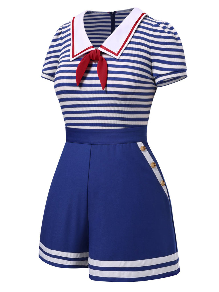 Blau 1950er Baumwolle Krawatte Nautisch Streifen Romper