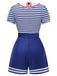 Blau 1950er Baumwolle Krawatte Nautisch Streifen Romper