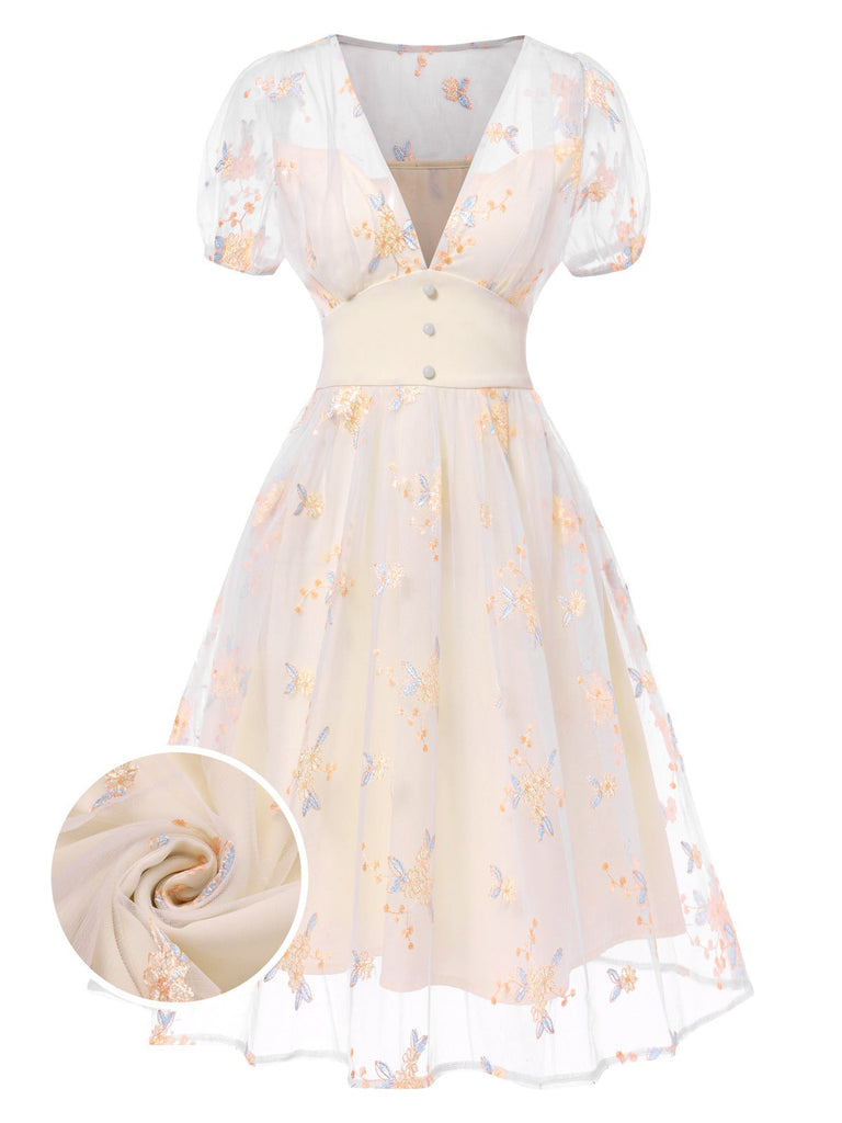 Weiß 1950er Tief V-Ausschnitt Besticktes Blumen Kleid