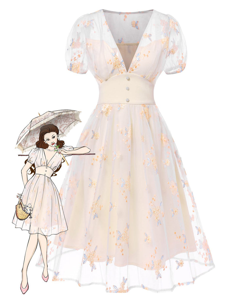 Weiß 1950er Tief V-Ausschnitt Besticktes Blumen Kleid