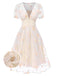 Weiß 1950er Tief V-Ausschnitt Besticktes Blumen Kleid