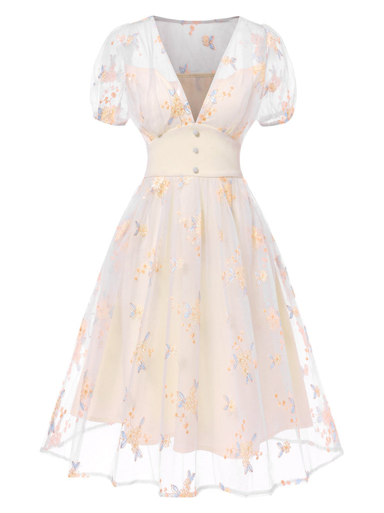Weiß 1950er Tief V-Ausschnitt Besticktes Blumen Kleid