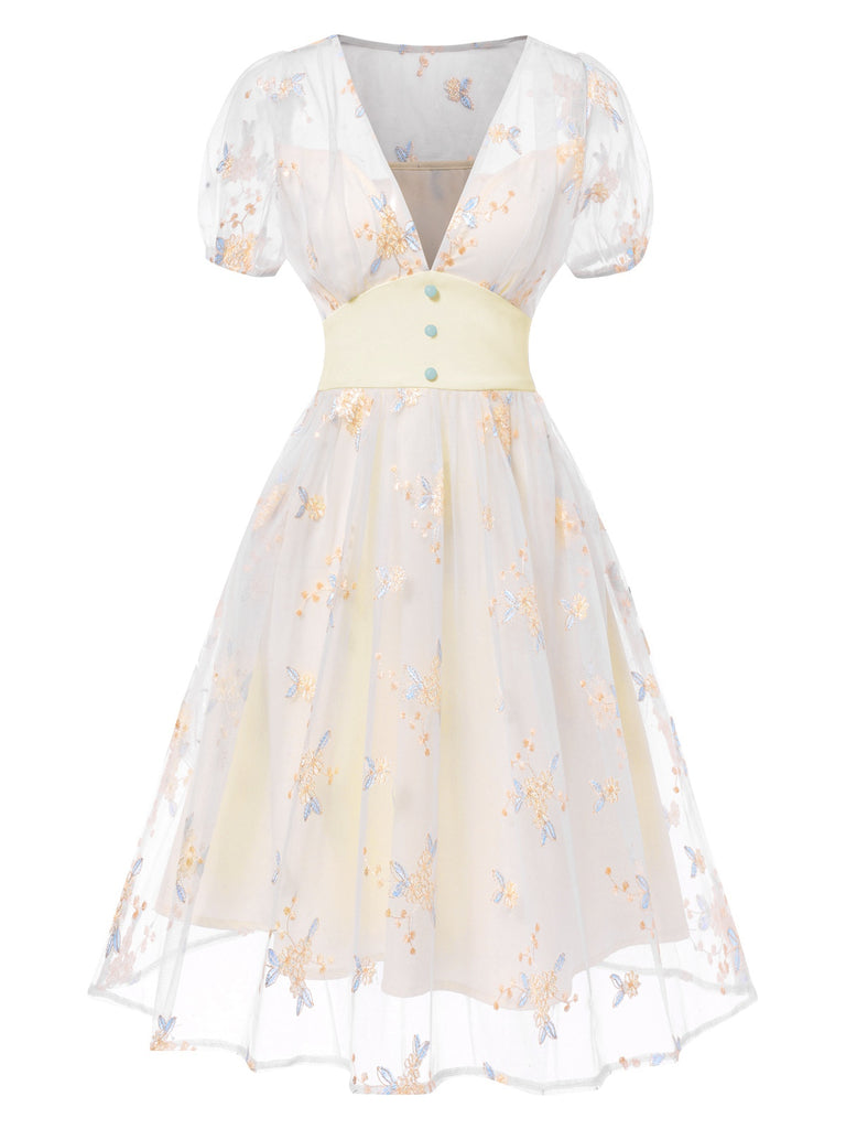 Weiß 1950er Tief V-Ausschnitt Besticktes Blumen Kleid