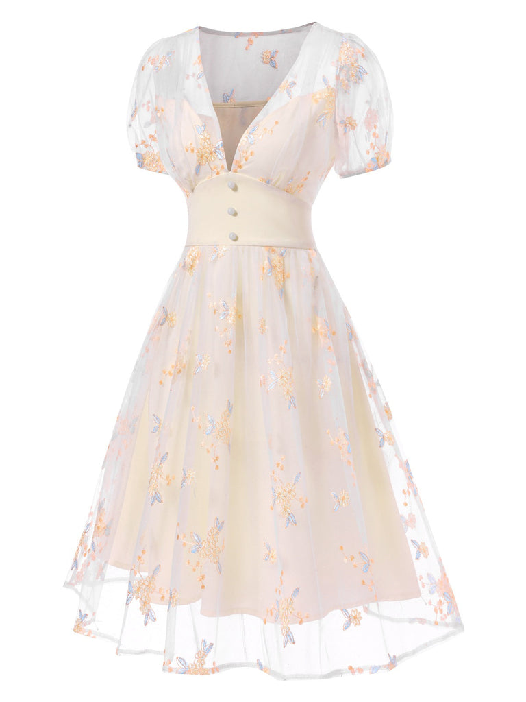 Weiß 1950er Tief V-Ausschnitt Besticktes Blumen Kleid