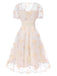 Weiß 1950er Tief V-Ausschnitt Besticktes Blumen Kleid