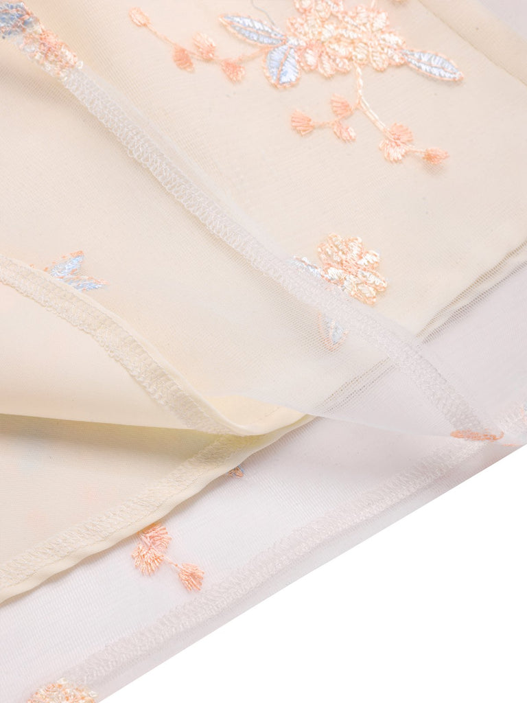 Weiß 1950er Tief V-Ausschnitt Besticktes Blumen Kleid