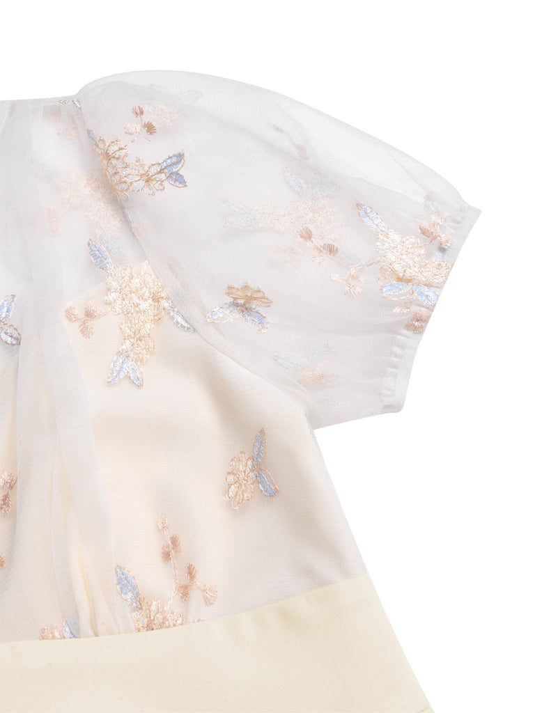 Weiß 1950er Tief V-Ausschnitt Besticktes Blumen Kleid