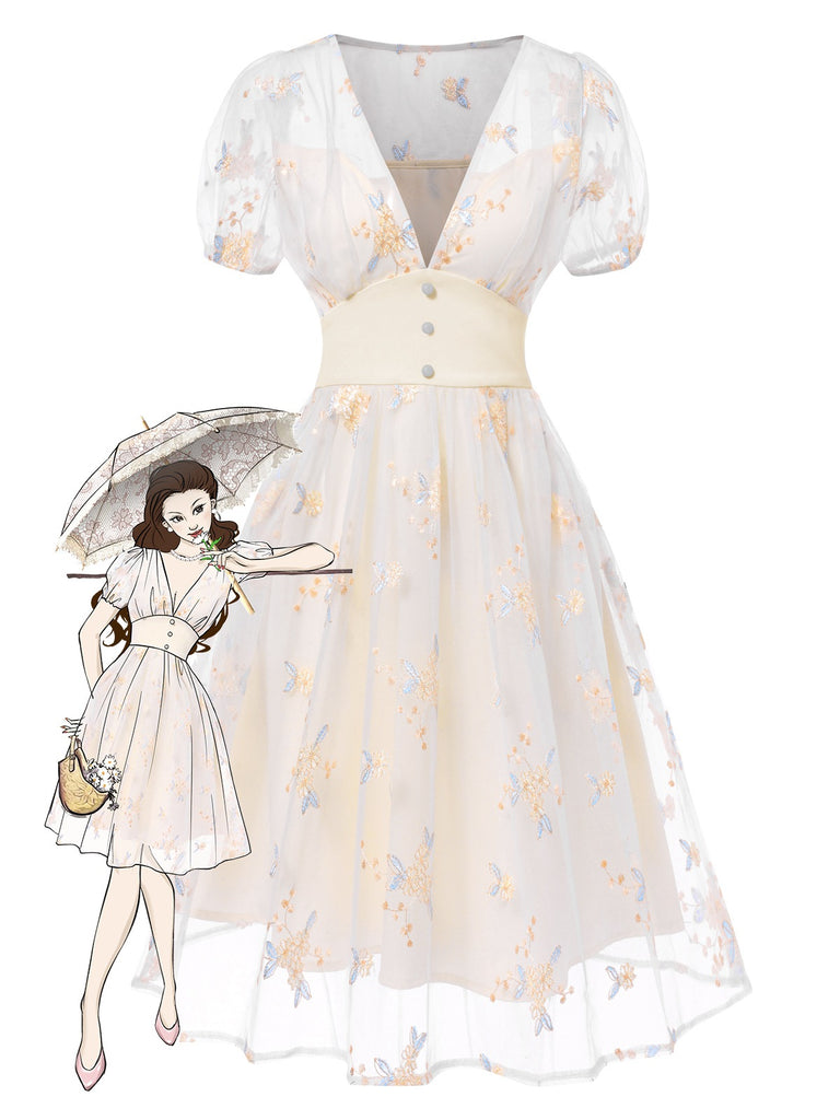 Weiß 1950er Tief V-Ausschnitt Besticktes Blumen Kleid