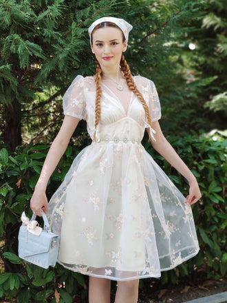 Weiß 1950er Tief V-Ausschnitt Besticktes Blumen Kleid