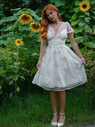 Weiß 1950er Tief V-Ausschnitt Besticktes Blumen Kleid