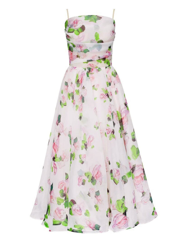 Multicolor 1940er Organza Blumen Spaghetti Träger Kleid