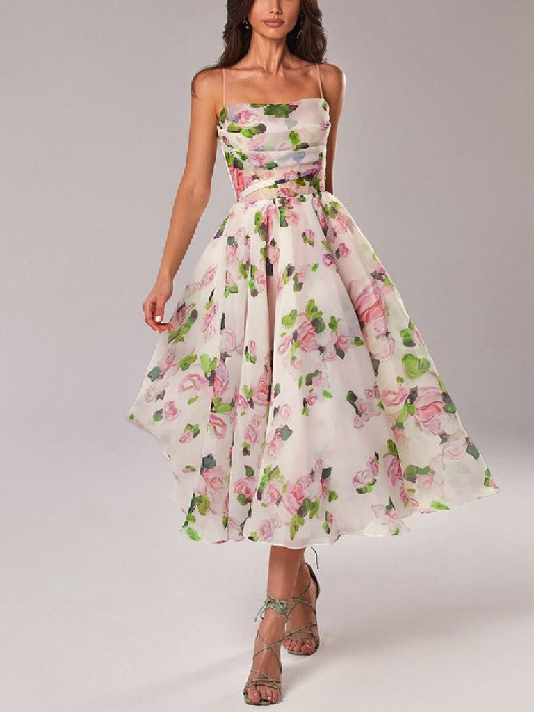 Multicolor 1940er Organza Blumen Spaghetti Träger Kleid