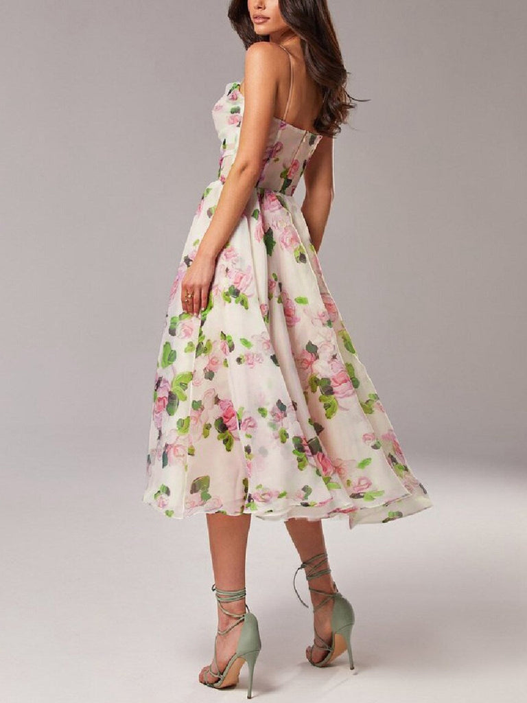 Multicolor 1940er Organza Blumen Spaghetti Träger Kleid