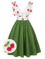 Grün 1950er Kirsche V-Ausschnitt Netz Patchwork Kleid