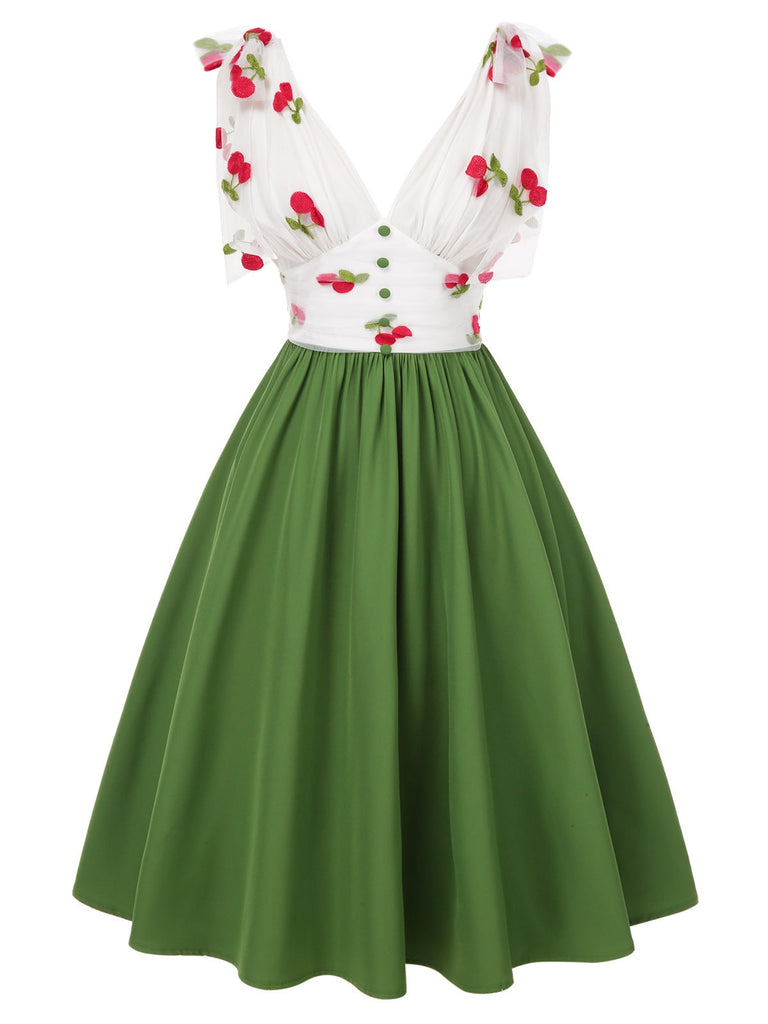Grün 1950er Kirsche V-Ausschnitt Netz Patchwork Kleid