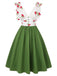 Grün 1950er Kirsche V-Ausschnitt Netz Patchwork Kleid