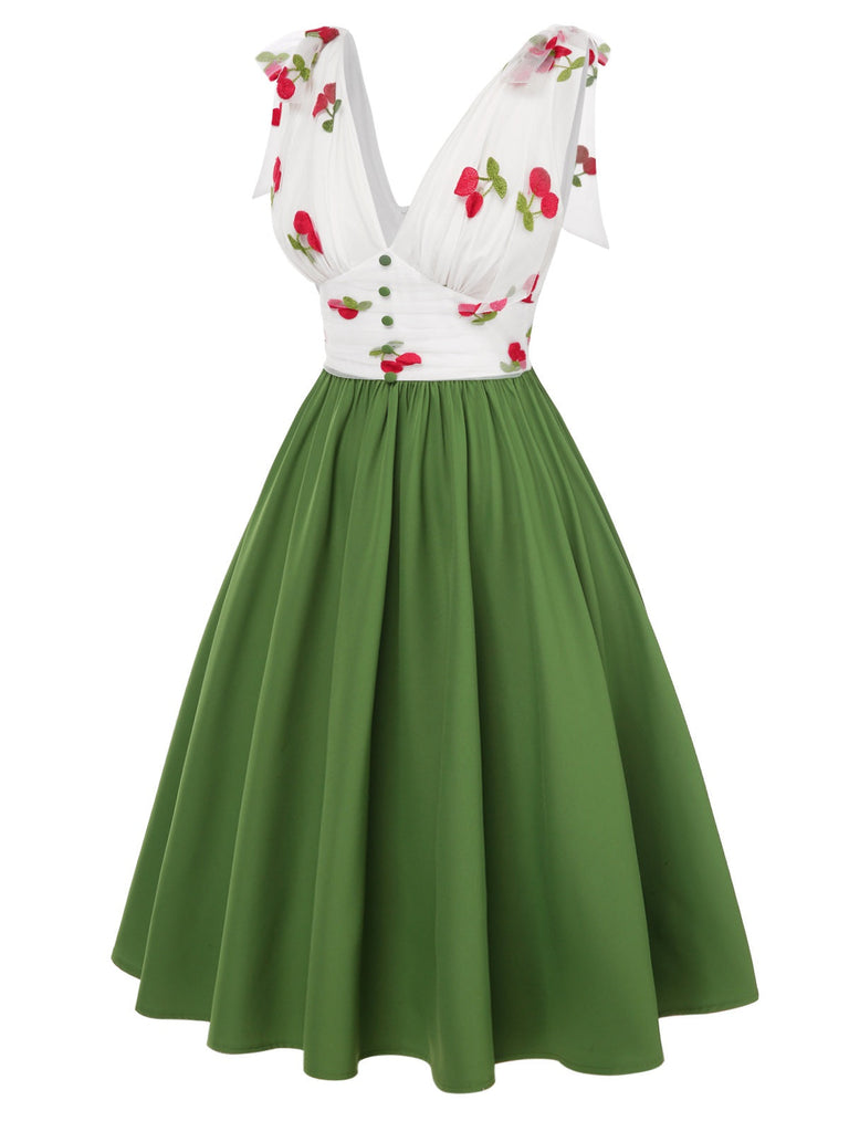Grün 1950er Kirsche V-Ausschnitt Netz Patchwork Kleid