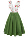 Grün 1950er Kirsche V-Ausschnitt Netz Patchwork Kleid