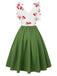 Grün 1950er Kirsche V-Ausschnitt Netz Patchwork Kleid