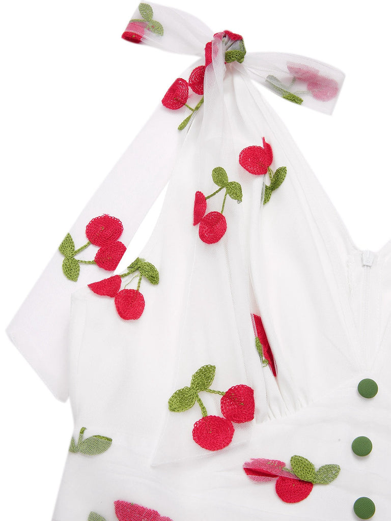 Grün 1950er Kirsche V-Ausschnitt Netz Patchwork Kleid