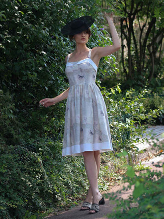 Khaki 1950er Zeitung Schmetterling Patchwork Kleid