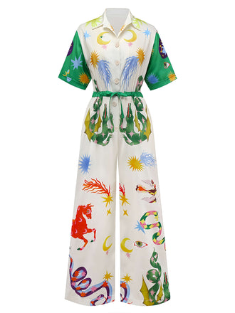 Mehrfarbig 1930er Karikatur Tiere Hemdkragen Jumpsuit