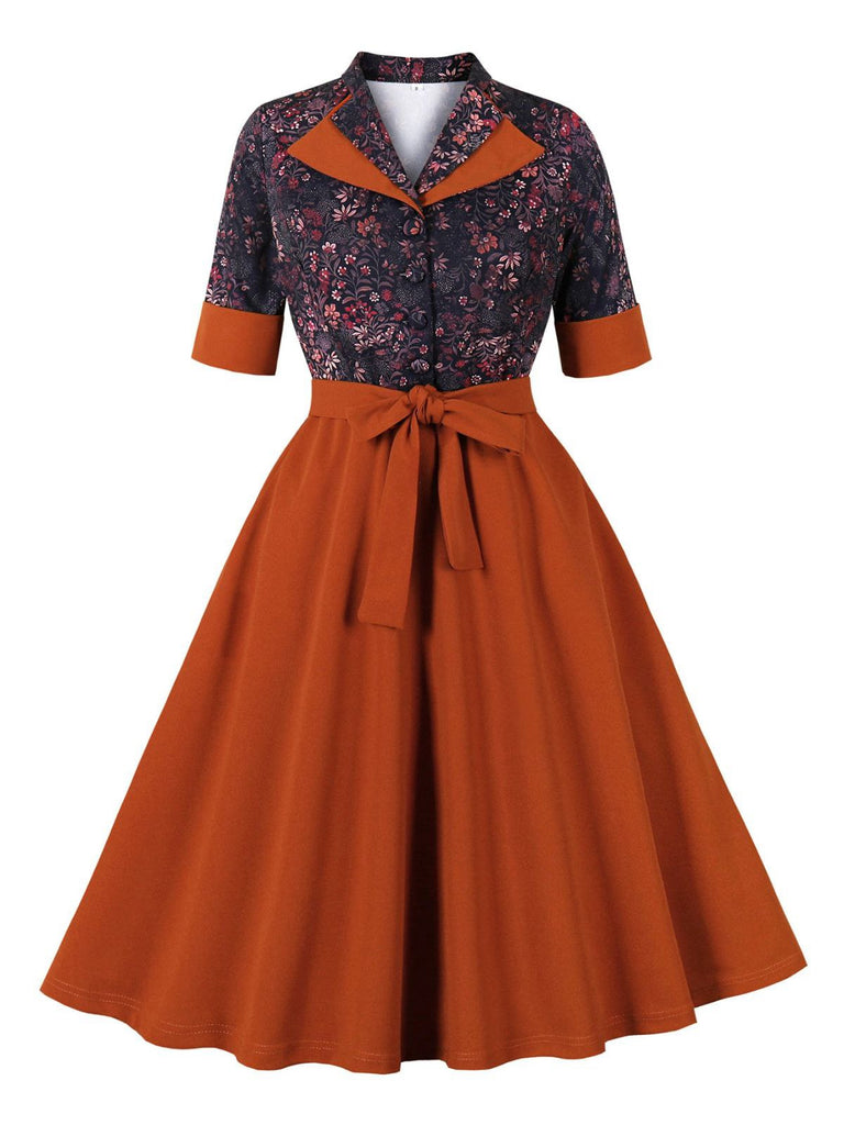 Feuerziegelrot 1950er Revers Blumen Patchwork Kleid