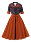 Feuerziegelrot 1950er Revers Blumen Patchwork Kleid