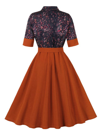 Feuerziegelrot 1950er Revers Blumen Patchwork Kleid