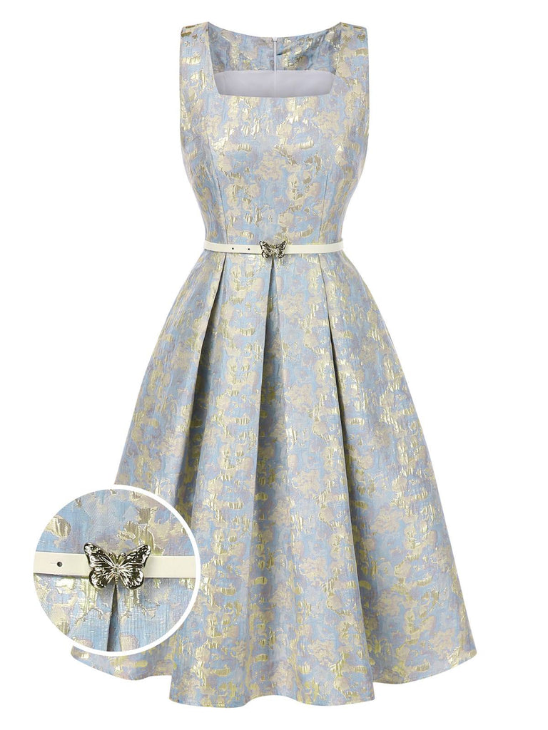 Hellblau 1950er Texturiert Blumen Ärmellos Schmetterling Kleid