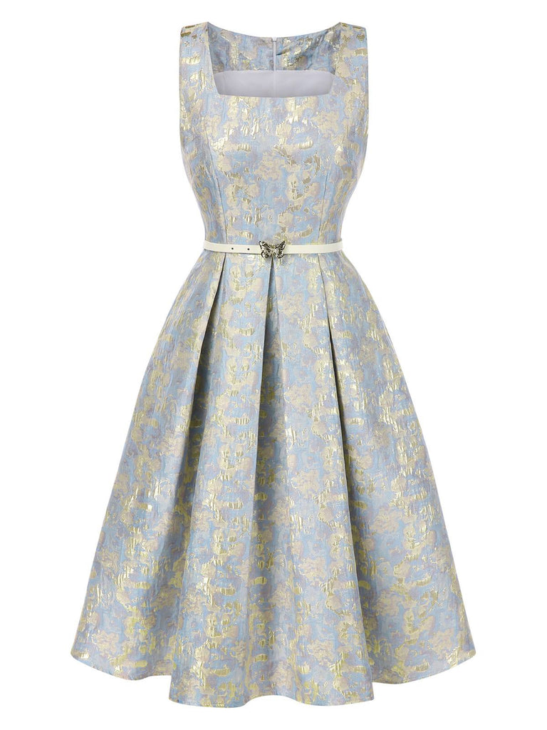 Hellblau 1950er Texturiert Blumen Ärmellos Schmetterling Kleid