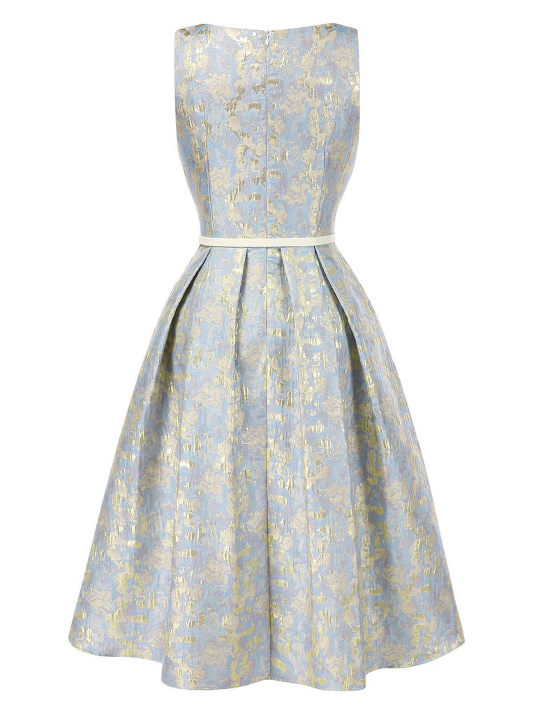 Hellblau 1950er Texturiert Blumen Ärmellos Schmetterling Kleid
