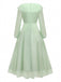 Grün 1930er Solide Netz Rüschen Illusion Ärmel Kleid