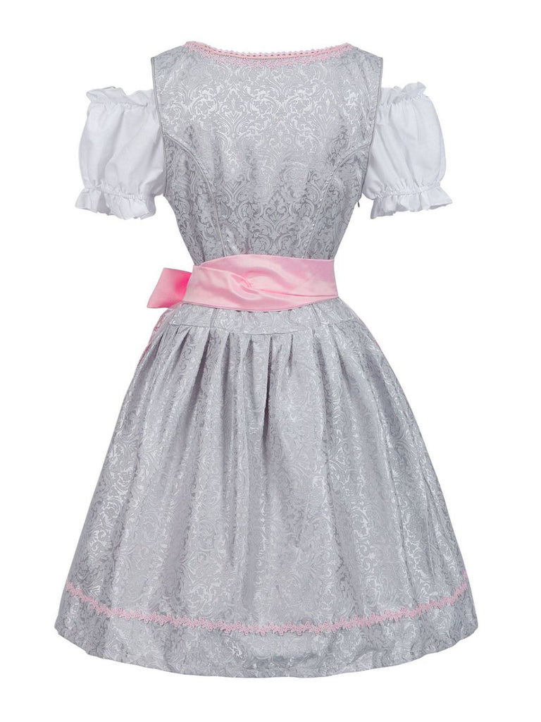 3PCS Rosa 1950er Oktoberfest Dirndl Blumen Jacquard Stickerei Kleid & Top