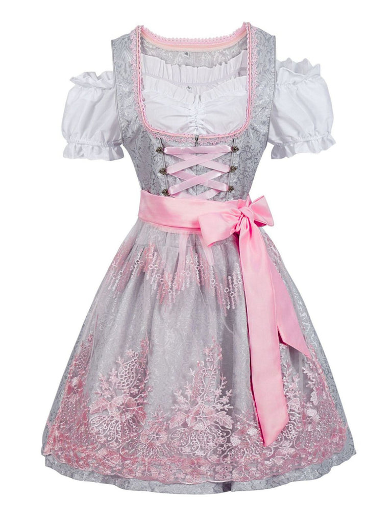3PCS Rosa 1950er Oktoberfest Dirndl Blumen Jacquard Stickerei Kleid & Top