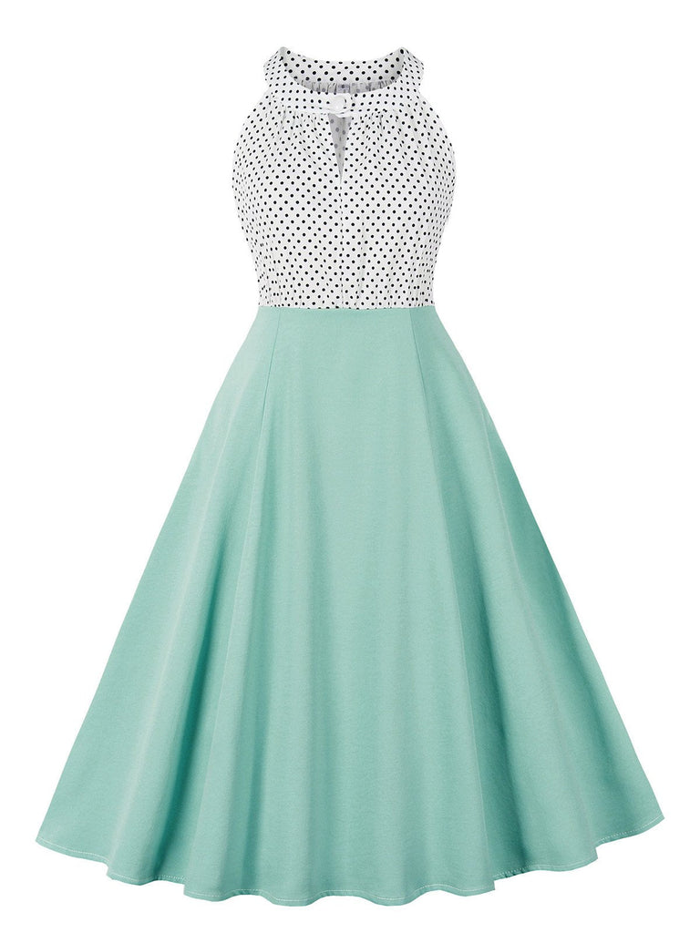 1950er Tupfen Patchwork Halter Rundhals Kleid