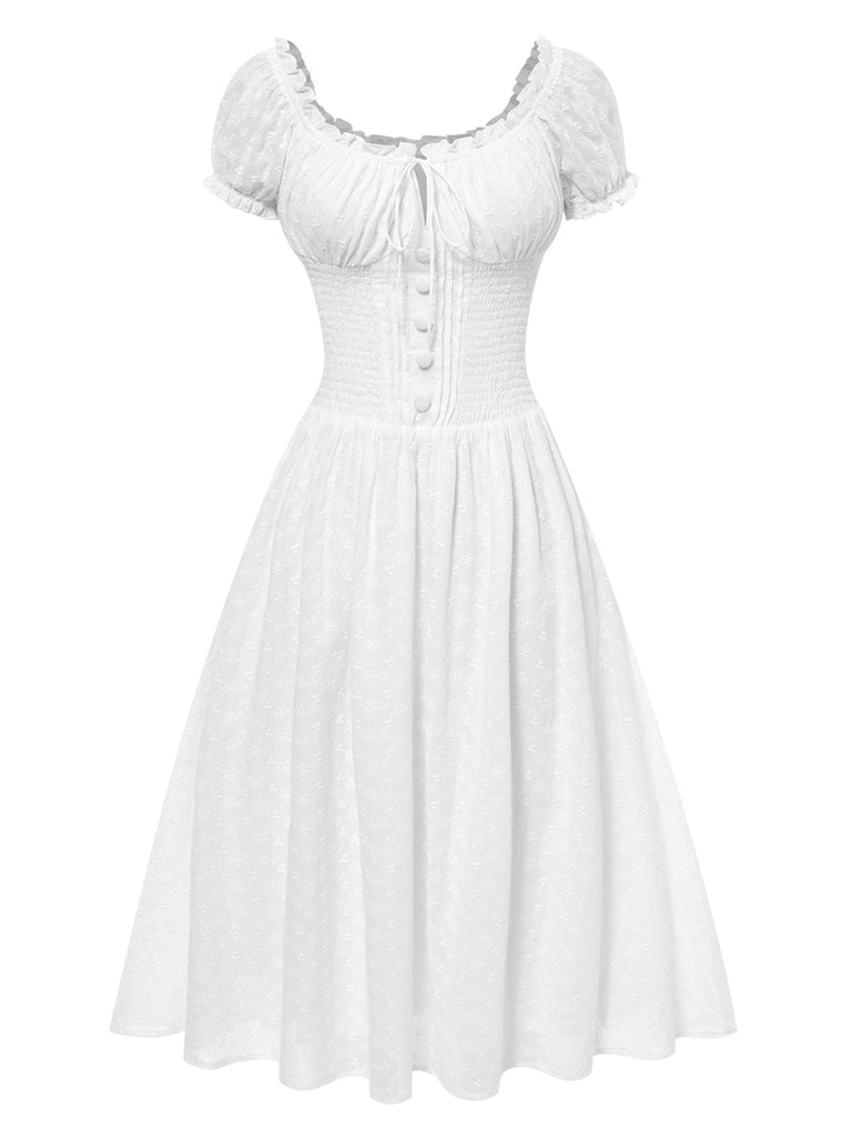 Weiß 1940er Solide Baumwolle Bestickt Spitze Kleid