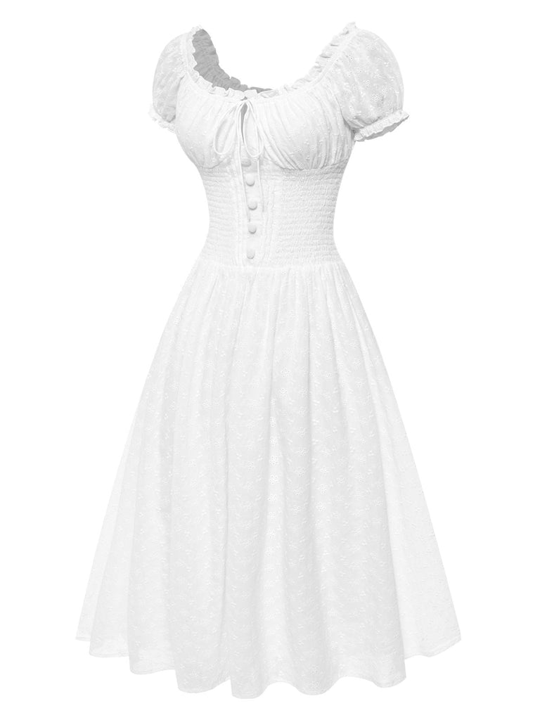 Weiß 1940er Solide Baumwolle Bestickt Spitze Kleid