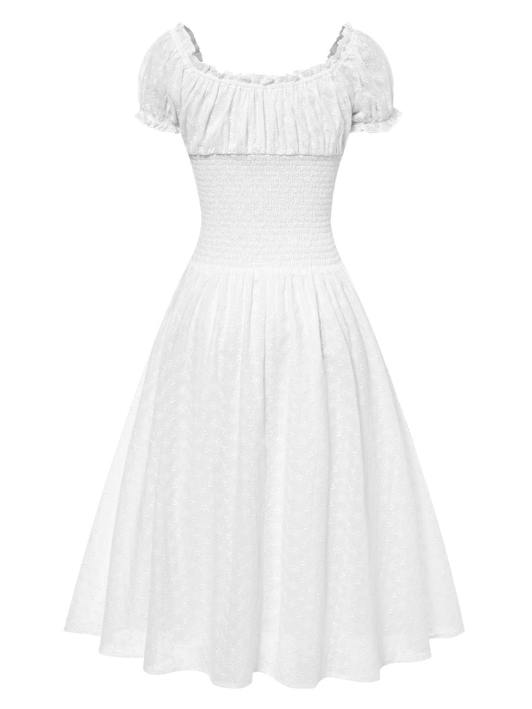 Weiß 1940er Solide Baumwolle Bestickt Spitze Kleid