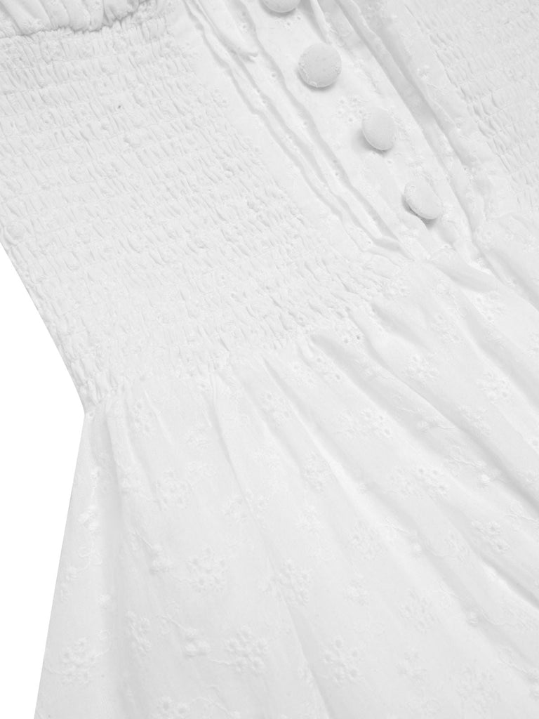 Weiß 1940er Solide Baumwolle Bestickt Spitze Kleid