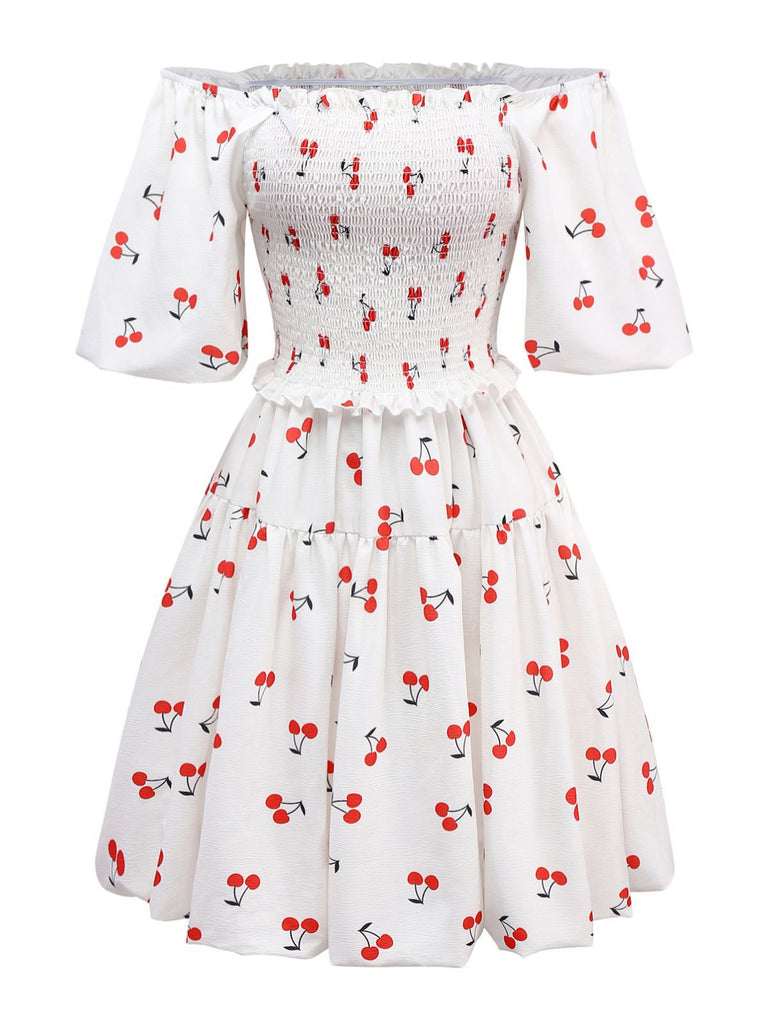 Weiß 1950er Kirsche Puffärmel Gesmokt Kleid